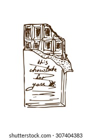 Illustration of a chocolate bar. Chocolate with a wish. Black and white postcard.