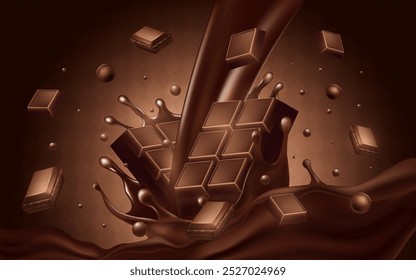 Illustration of chocolate bars and splashes with a rich brown background.