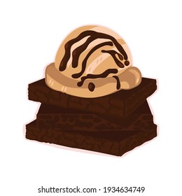 Illustration of a chocolate brownie with cream and a scoop of ice cream from above. Vector image of isolate on white.