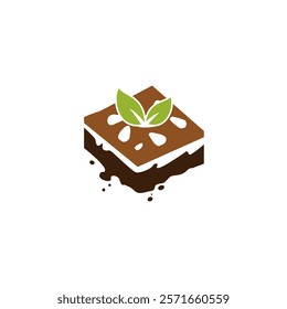 illustration of a chocolate brownie with white icing, topped with green leaves and almond slices.