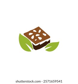 illustration of a chocolate brownie with a white topping and seeds, accompanied by two green leaves on either side.