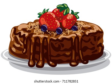 illustration of chocolate cake with berries