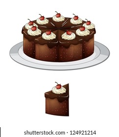 Illustration of a chocolate cake and a slice with cherries on top on a white background