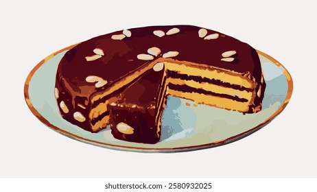 Illustration of a chocolate cake with a slice cut out. The cake has a layered design and is decorated with nuts on top. Chocolate cake on a plate. Vintage food illustration isolated on white, vector.