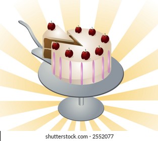 Illustration of a chocolate cake with white icing and cherries on top. Vector illustration