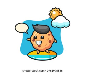 Illustration of chocolate chip cookie cartoon do surfing on the beach, cute style design for t shirt, sticker, logo element