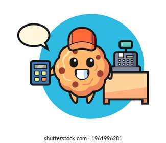 Illustration of chocolate chip cookie character as a cashier, cute style design for t shirt, sticker, logo element