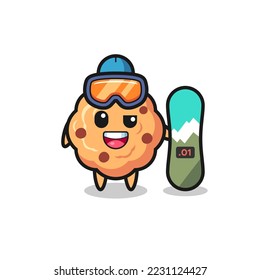 Illustration of chocolate chip cookie character with snowboarding style , cute style design for t shirt, sticker, logo element