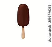 Illustration of a chocolate coated ice cream bar on a wooden stick. A clean white background emphasizes the rich dark chocolate texture and smooth finish.