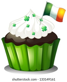 Illustration of a chocolate cupcake with clover plants and the flag of Ireland on a white background