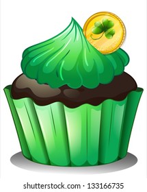 Illustration of a chocolate cupcake with a coin at the top on a white background