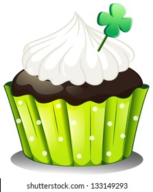 Illustration of a chocolate cupcake with a green plant on a white background
