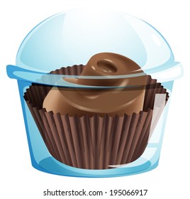 Illustration of a chocolate cupcake inside a disposable container on a white background