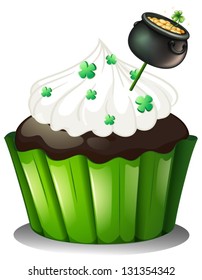 Ilustração de um cupcake de chocolate com um pote cheio de moedas em um fundo branco