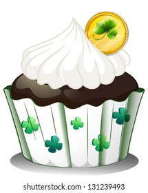 Illustration of a chocolate cupcake with a token on a white background