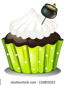 Illustration of a chocolate cupcake with white icing and a pot of gold on a white background