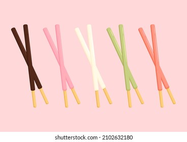 illustration of chocolate dipped cookie sticks on white background. White and brown chocolate snacks. Chocolate dipped cookie sticks.