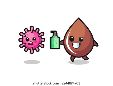 illustration of chocolate drop character chasing evil virus with hand sanitizer , cute style design for t shirt, sticker, logo element