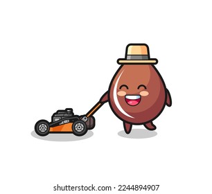 illustration of the chocolate drop character using lawn mower , cute style design for t shirt, sticker, logo element