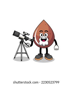 Illustration of chocolate drop mascot as an astronomer , character design