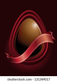 Illustration of a chocolate Easter egg. With a red ribbon with space to post a message. Red and brown colors.