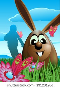 Illustration of a chocolate Easter egg that is both the Easter Bunny in a single image. Located in a green grass meadow with flowers and butterflies. Basically there is a child looking for eggs. EPS10