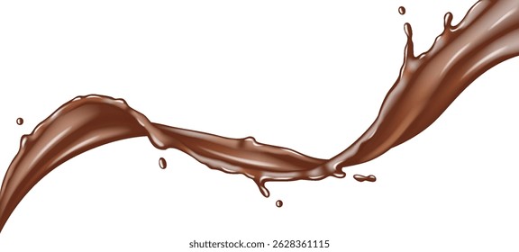 Illustration of chocolate fluid motion on pure white backdrop. The dynamic splash creates a sense of movement. Ideal for designs related to desserts and sweets.