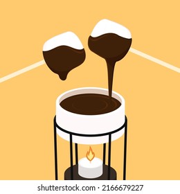 Illustration of chocolate fondue. Chocolate fondue and marshmallows vector.