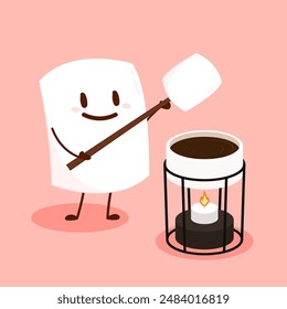 Illustration of chocolate fondue. Chocolate fondue and marshmallows vector. Marshmallows mascot vector.