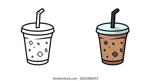 Illustration of chocolate ice drinks in plastic cups with two different variations, suitable as, icons, logos, stickers and for coloring book materials.