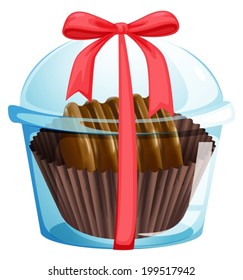 Illustration of a chocolate inside the transparent container on a white background