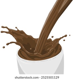 Ilustración de un líquido de chocolate vertido en una taza o taza blanca. Aislado sobre fondo blanco. Chorro de leche de chocolate salpicado de vidrio.