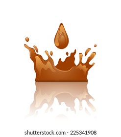 Illustration chocolate splash crown with droplet and reflection, isolated on white background - vector