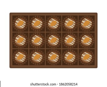 Ilustración de dulces de chocolate en una caja.