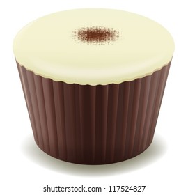 ilustración de chocolates en taza marrón sobre fondo blanco