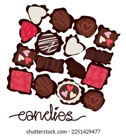 Illustration with chocolates in the form of a Valentine's day card. Candy on a pink background with an inscription. Printing on paper for the holiday. Mother's day, birthday. Postcard, banner