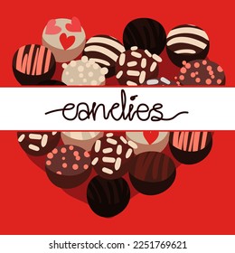 Illustration with chocolates in the form of a Valentine's day card. Candy on a pink background with an inscription. Printing on paper for the holiday. Mother's day, birthday. Postcard, banner