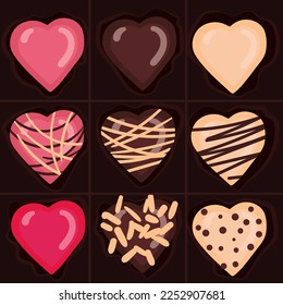 Ilustración de chocolates sobre un fondo oscuro grande en una caja. Un conjunto de chocolates en forma de corazón. Impresión en textiles y papel. Postal, cartel