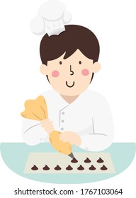 Ilustración de un hombre de chocolate usando una bolsa de tuberías y haciendo chile de chocolate