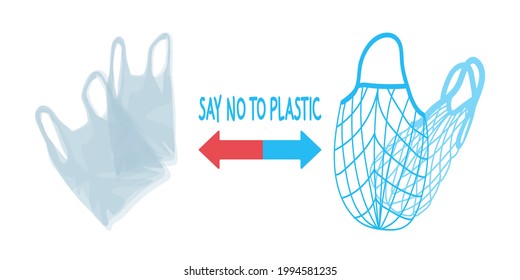 Illustration of a choice between a plastic bag and an eco-friendly mesh shopper. Vector flat style with a call to say no to plastic.