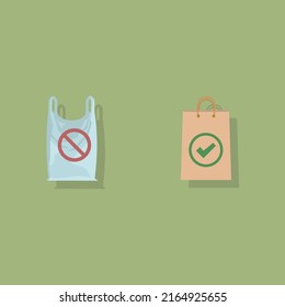 illustration of choosing a paper bag instead of a plastic bag flat design vector, it is forbidden to use plastic bags and use paper bags