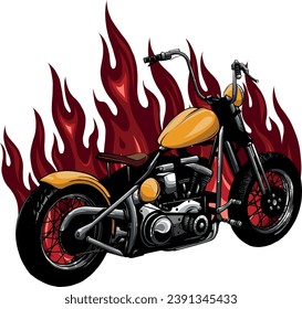 illustration of chopper motorcycle with fire flame.