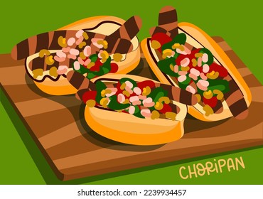 Illustration of Choripan sandwiches with chorizo. Latin American cuisine. An Argentine snack. Sandwiches on a wooden stand. Kitchen illustration. Suitable for printing on textiles and paper