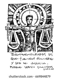 Illustration of the Christian beatitude in spanish: Bienaventurados los que tienen hambre y sed de justicia porque seran saciados which means: Blessed are they who hunger and thirst for righteousness
