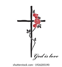 illustration of christian cross and roses isolated on white background