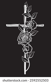 illustration of christian cross and roses isolated on black background