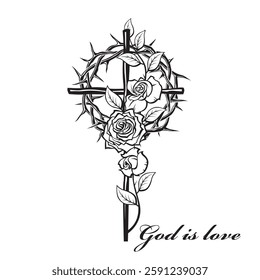 illustration of christian cross and thorn crown with roses isolated on white background