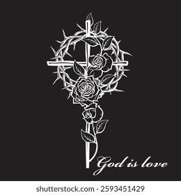 illustration of christian cross and thorn crown with roses isolated on black background