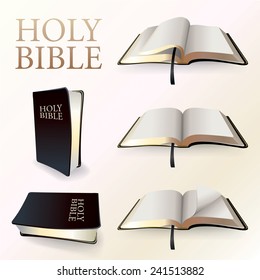 An illustration of a Christian Holy BIble in various viewpoints and turned pages. Vector EPS 10. EPS file contains gradient mesh in dropshadows.