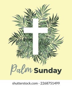 illustration of Christian Palm Sunday with palm branches and leaves and cross illustration